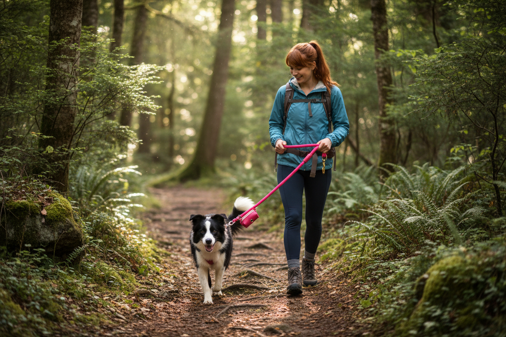 Border Collie hiking with rope leash and collar