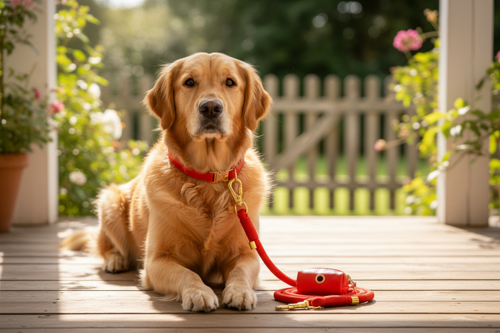 Dog on porch with rope collar and leash set