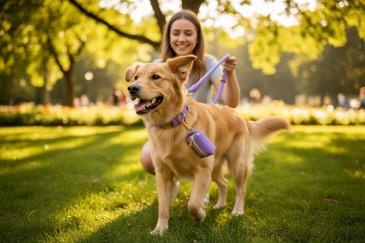 Dog walking in park with rope leash and collar
