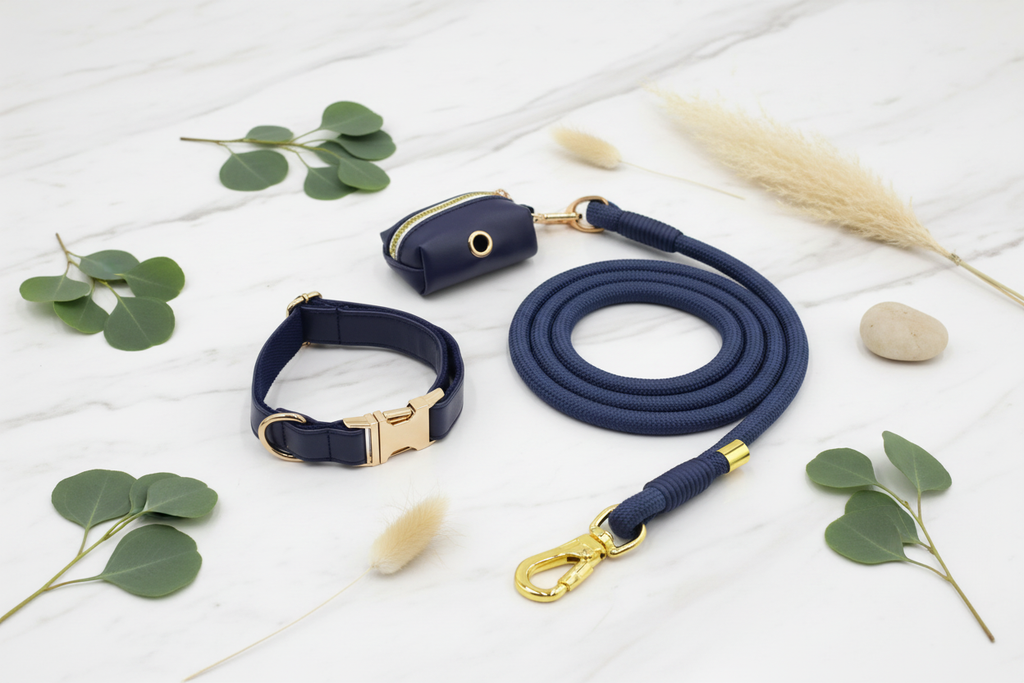 Flat lay of rope leash collar and poop bag set