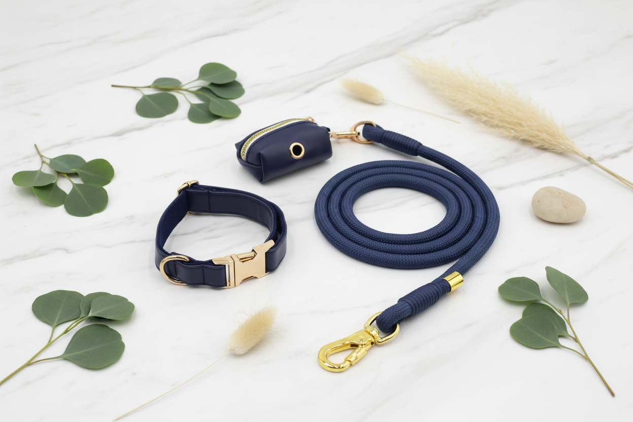 Flat lay of rope leash collar and poop bag set