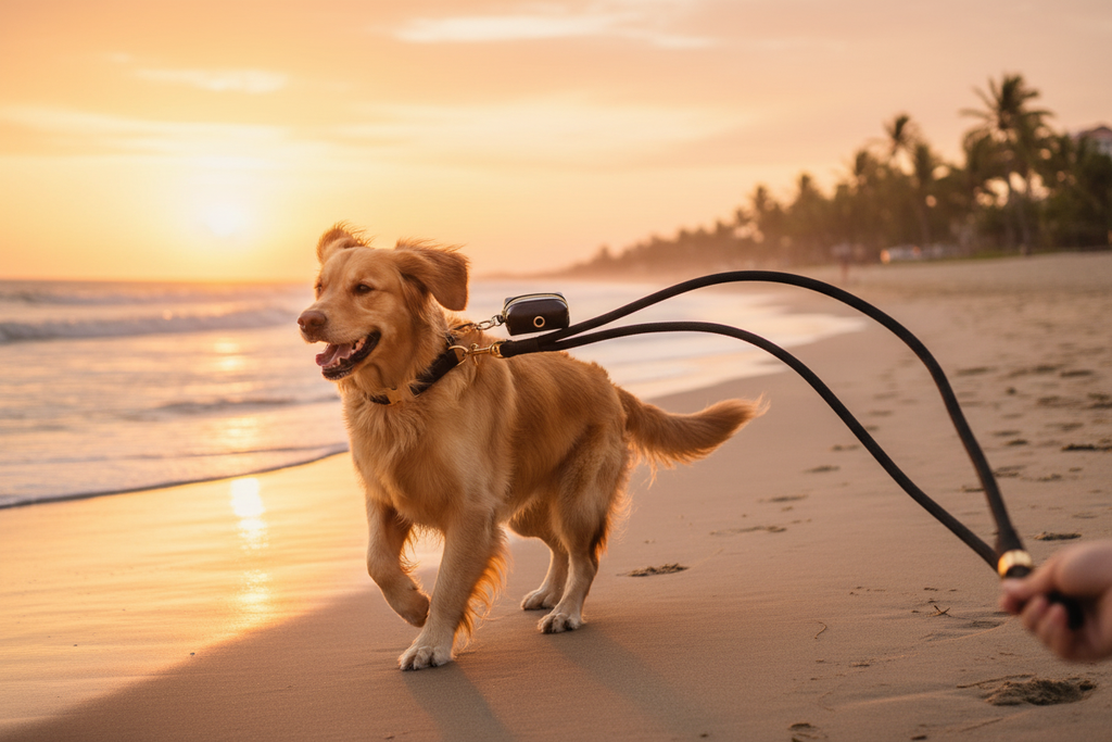 Golden Retriever on beach with rope leash