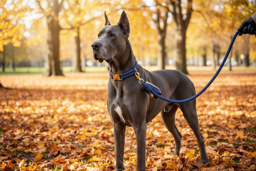 Great Dane in autumn park with rope collar
