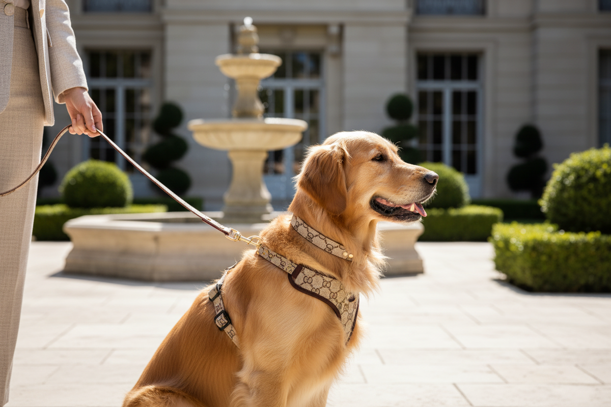 Premium Luxury Print Collar & Leash Set - Beige Lifestyle
