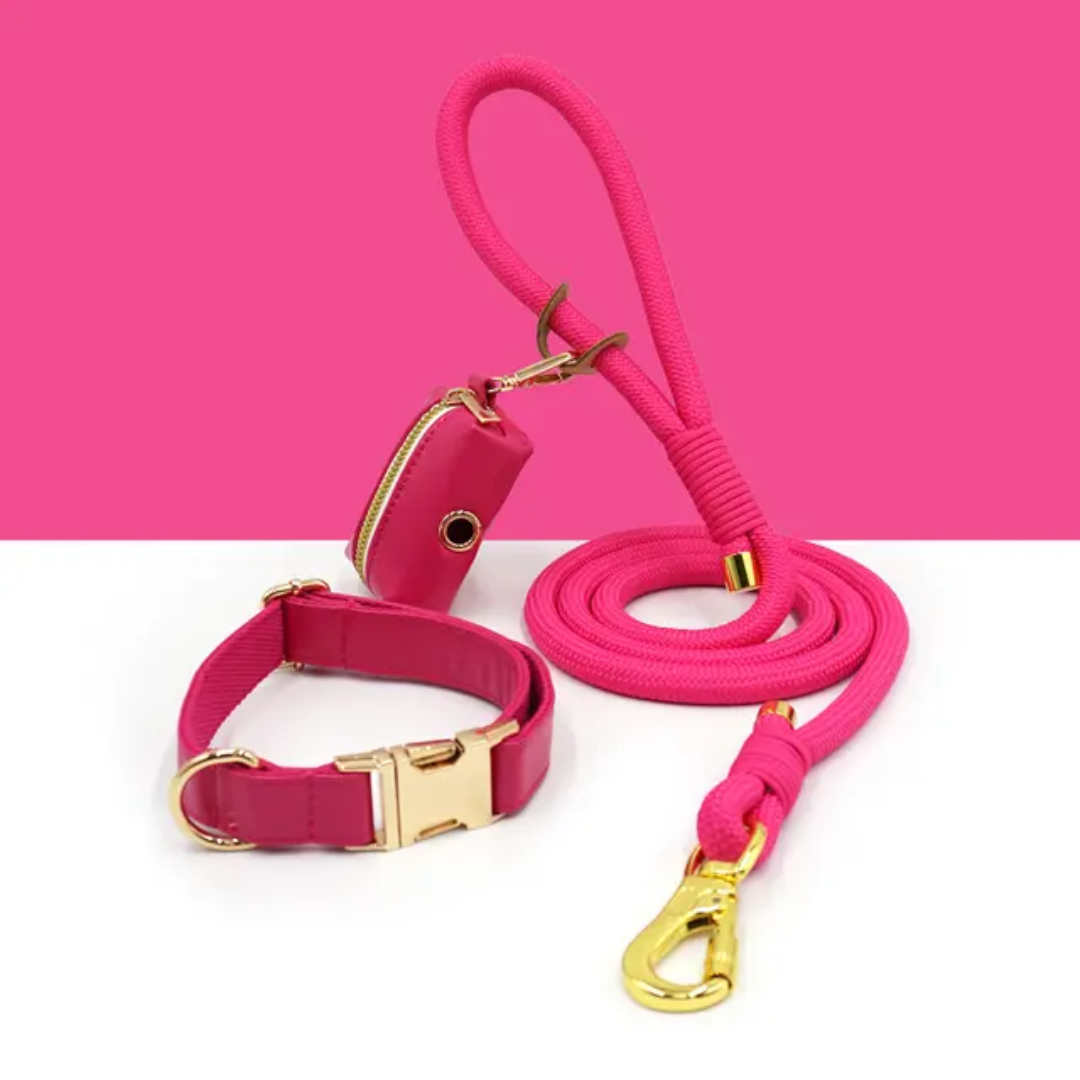 Fashionable Rope & Soft Leather -  Leash and Collar Set with Matching Poop Bag Collection