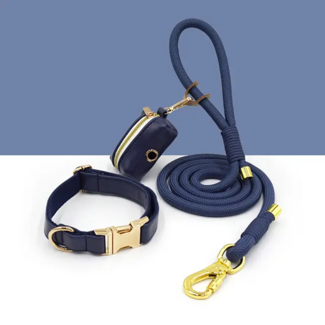 Fashionable Rope & Soft Leather -  Leash and Collar Set with Matching Poop Bag Collection