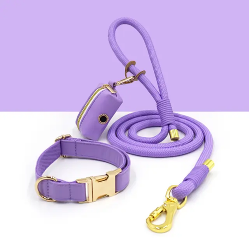 Fashionable Rope & Soft Leather -  Leash and Collar Set with Matching Poop Bag Collection