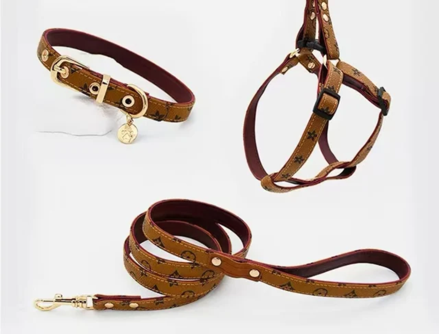 Premium Luxury Print Collar & Leash Set - Beige