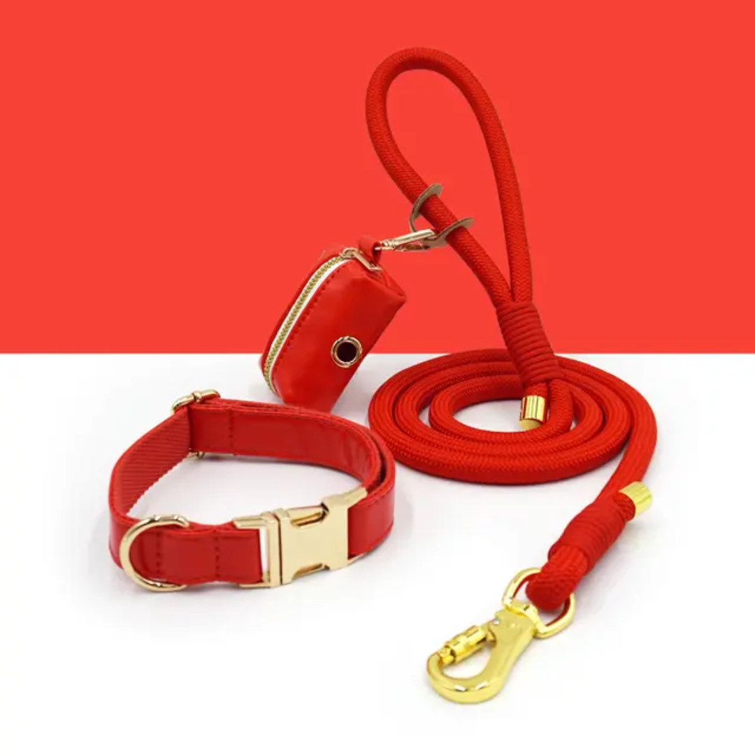 Fashionable Rope & Soft Leather -  Leash and Collar Set with Matching Poop Bag Collection