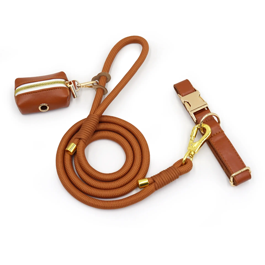 Fashionable Rope & Soft Leather -  Leash and Collar Set with Matching Poop Bag Collection